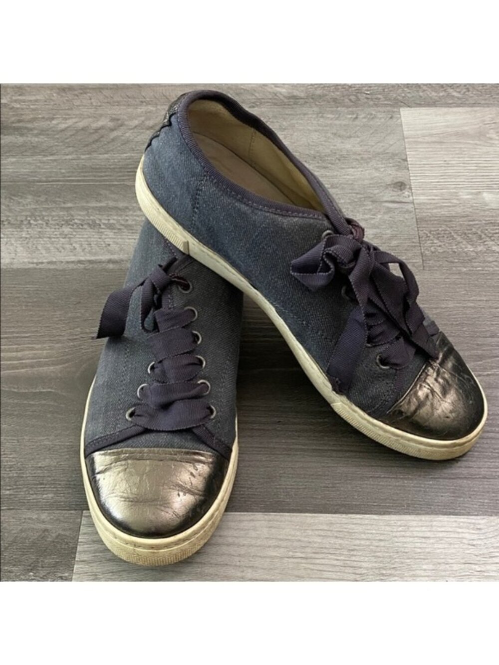 Lanvin Paris Sneakers Shoes Blue Denim Pewter Toe Cap Metallic Ribbon $595 7.5